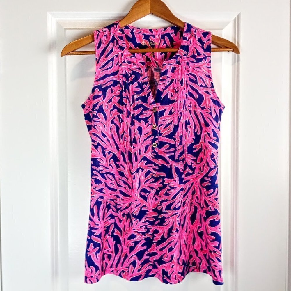 Lilly Pulitzer Tropical Magenta Pink and Blue Coral Cotton Tank Top